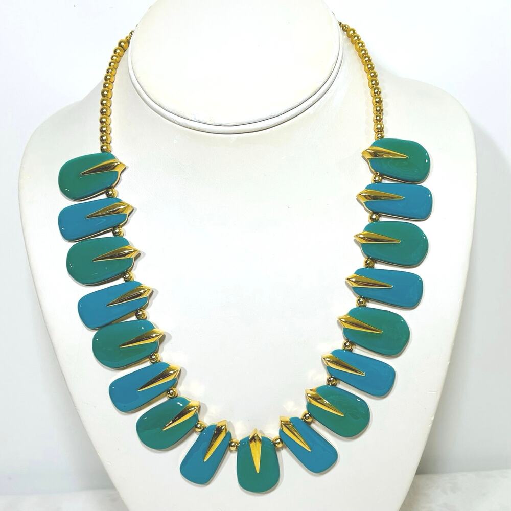 Vtg Joan Rivers Teal Turquoise Enamel Statement Necklace Bib Collar Boho Gold